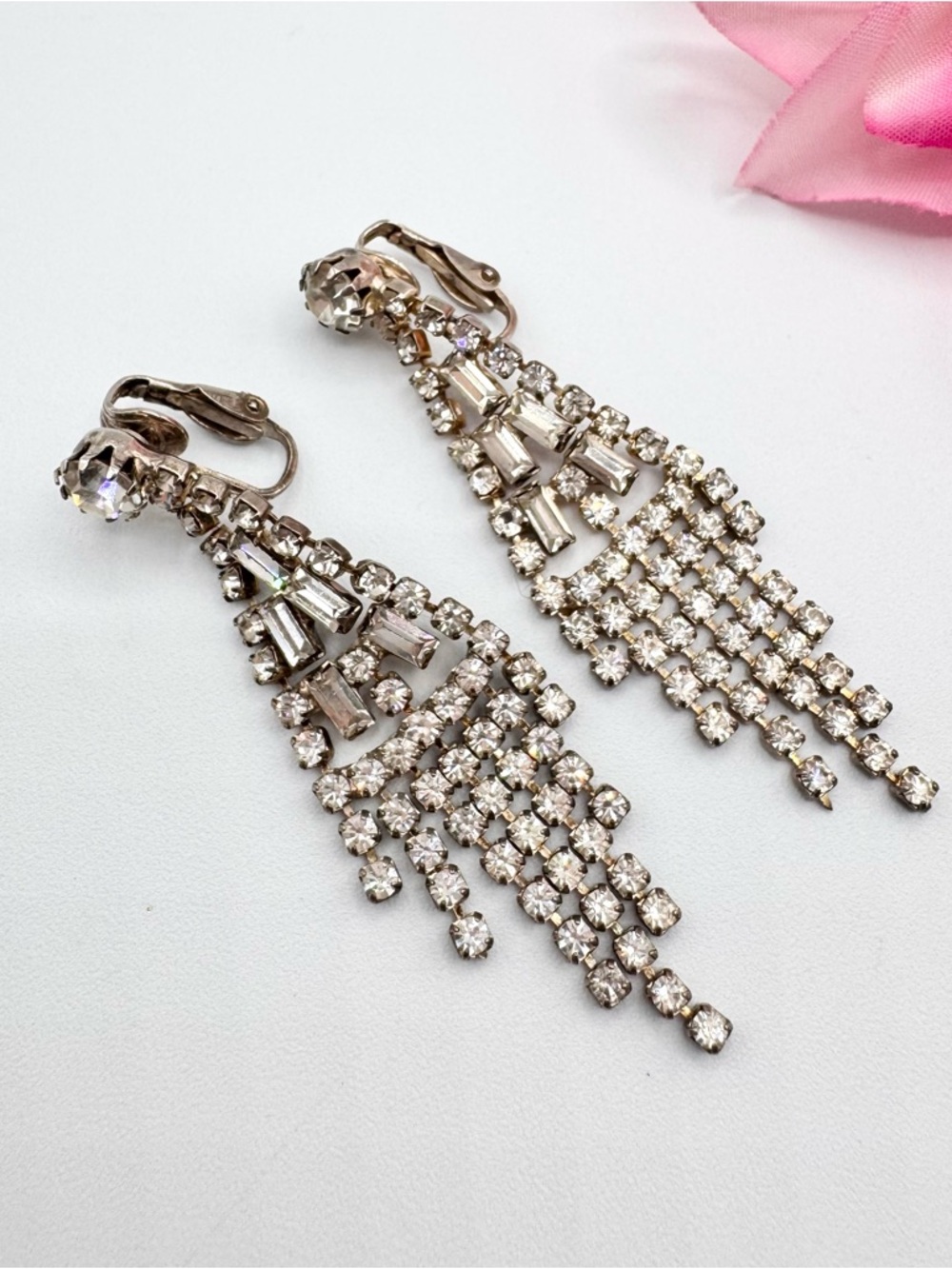 Vintage Crystal Rhinestone Tassel Clip On Earrings Baguette Old Hollywood Bridal